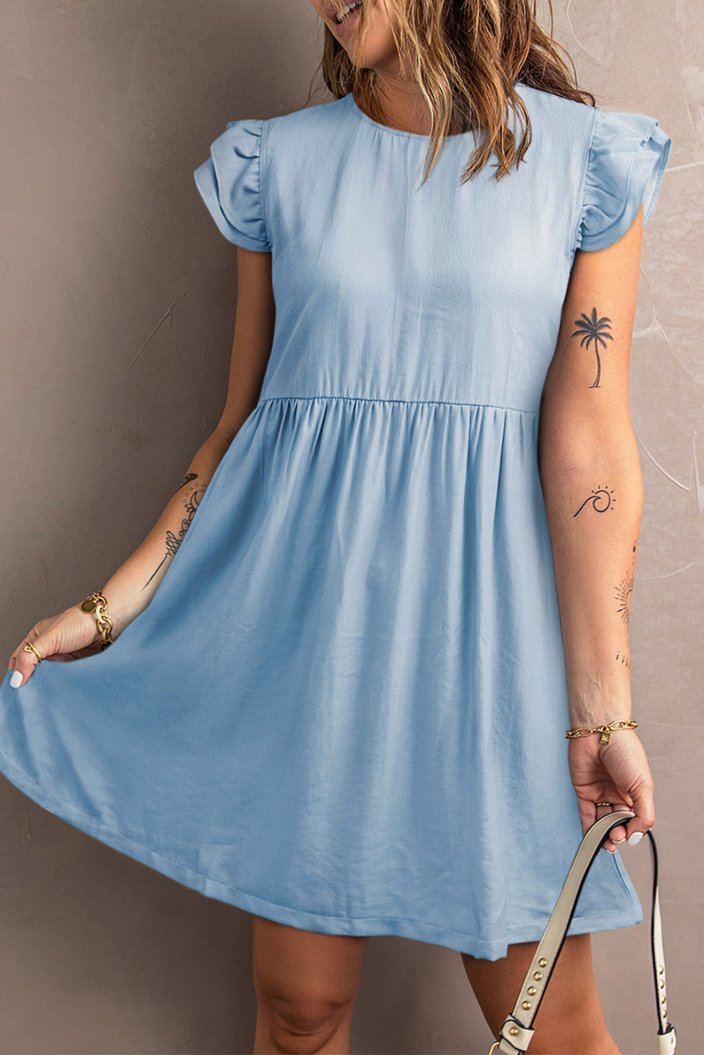 Flutter Sleeve Ruched Denim Casual Dress