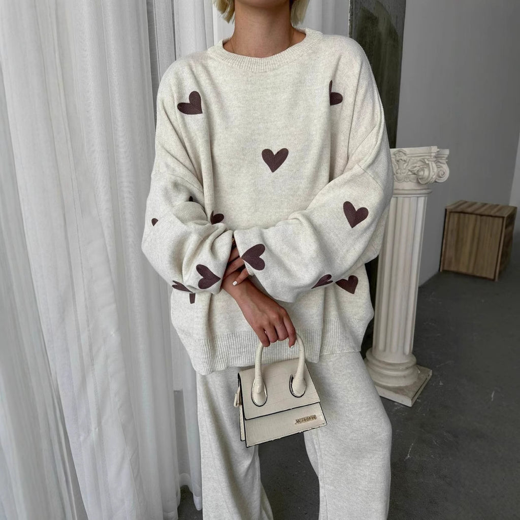 Heart Knitted Pants Outfit Top Two-piece Set (11477630681356)