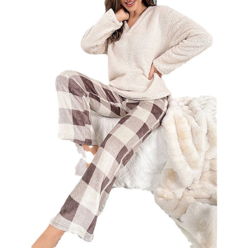 Thermal Flannel Home Wear Loose Plaid Trousers Two-piece Suit (11477629272332)