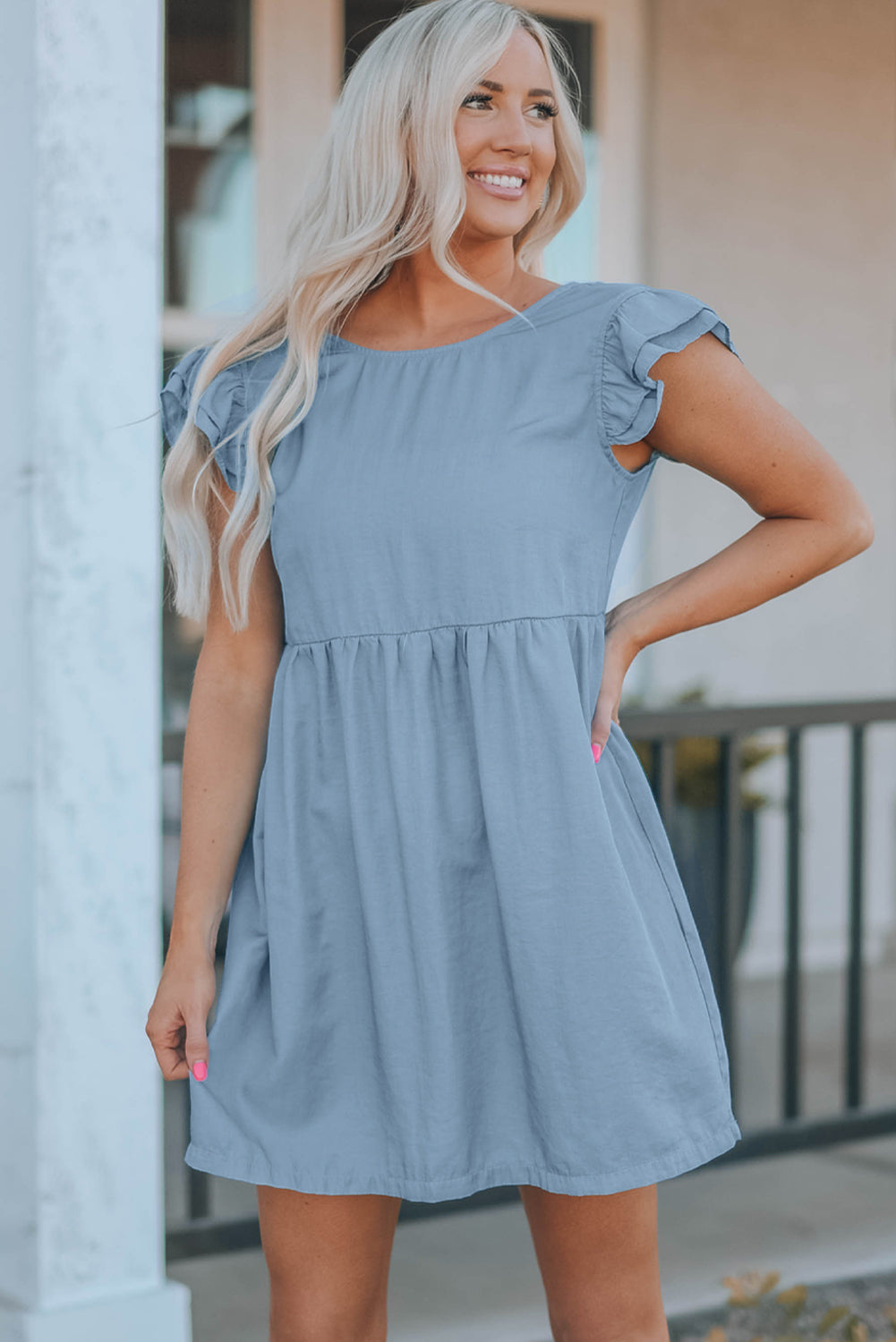 Flutter Sleeve Ruched Denim Casual Dress