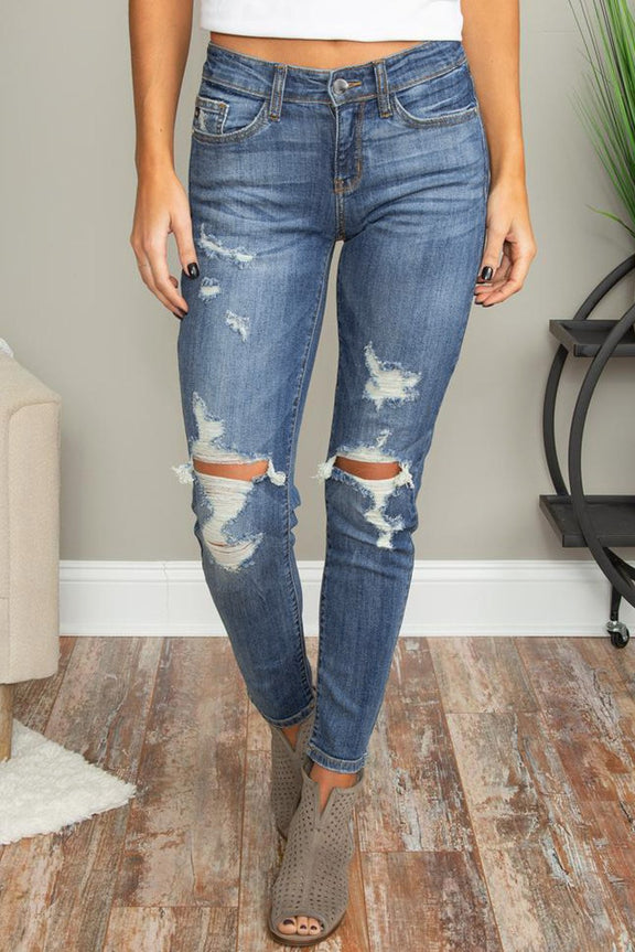 Women's Blue Hollow Out Vintage Skinny Ripped Jeans