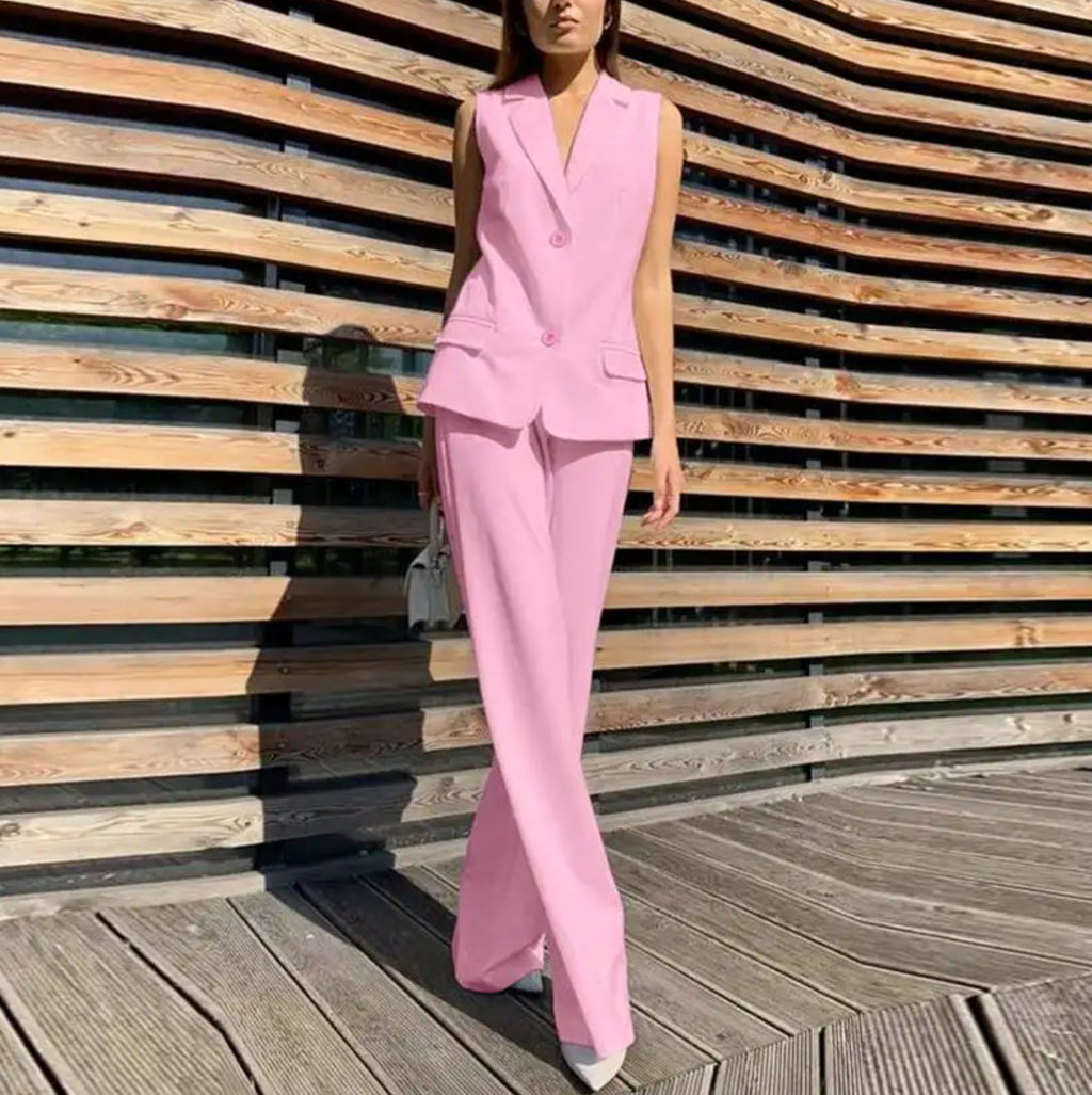 Suit Lapel Vest Jacket Wide Leg Pants Casual Suit (11477635203340)