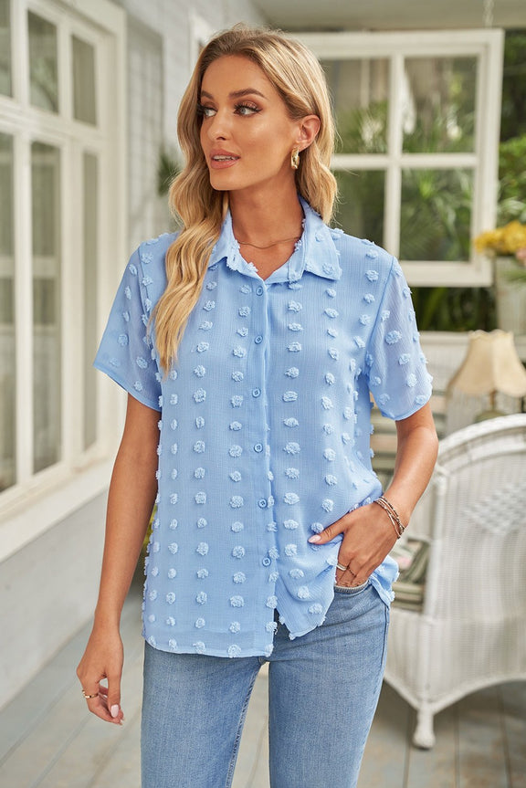 Classic Sky Blue Buttoned Swiss Dot Turn-down Collar Short Sleeve Shirt