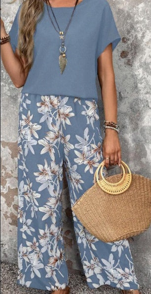 Women Solid Color Round Neck Short Sleeve Top And Flower Print Wide Leg Pants Set For Summer Two Piece Outfits (11477630386444)