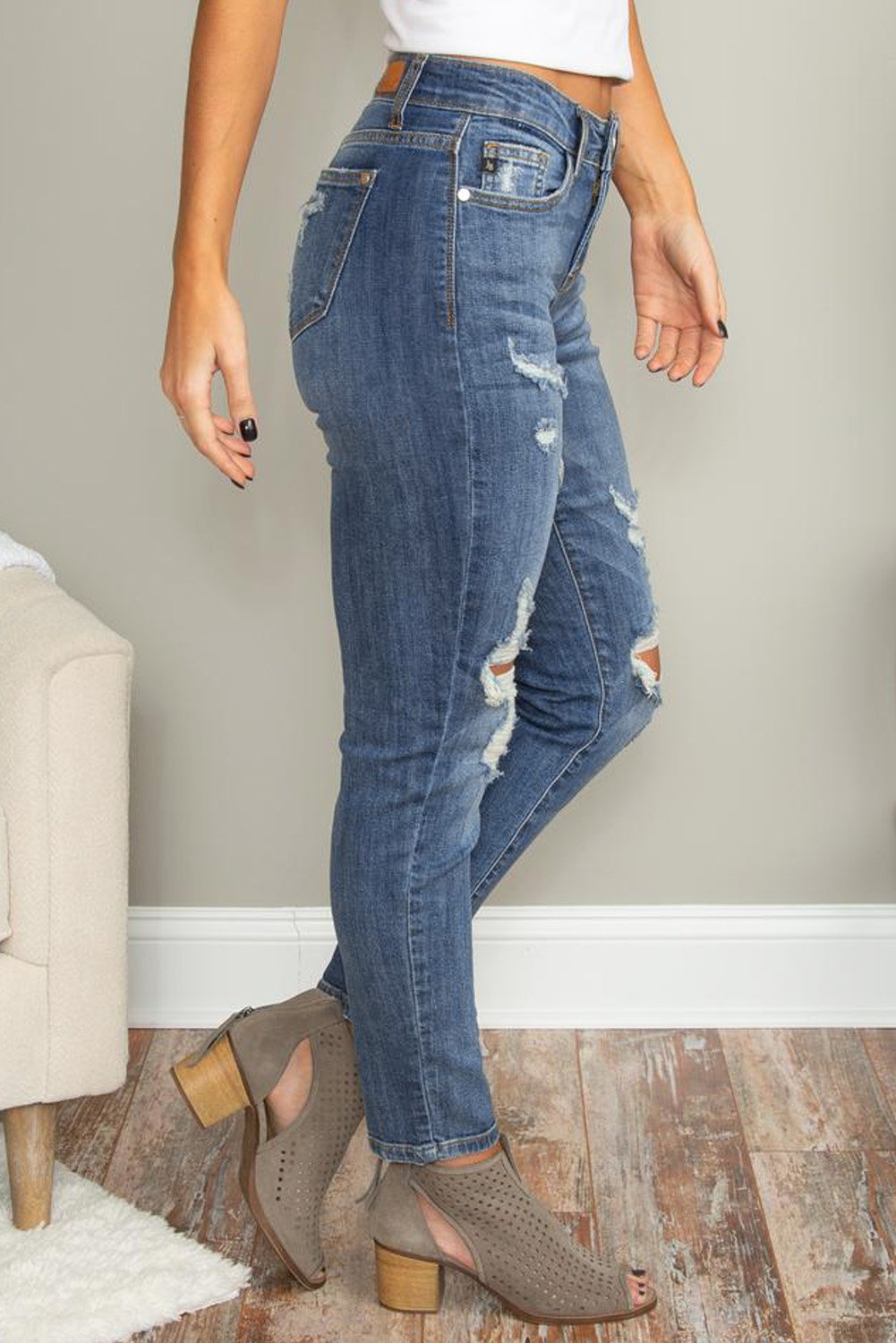 Women's Blue Hollow Out Vintage Skinny Ripped Jeans