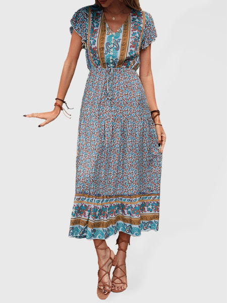 women's summer retro print green slimming dress (11469079511308)