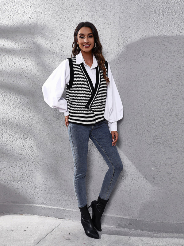 Women's stripe knitted Cardigan Sweater Vest