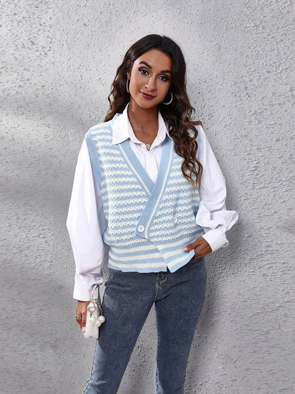 Women's stripe knitted Cardigan Sweater Vest