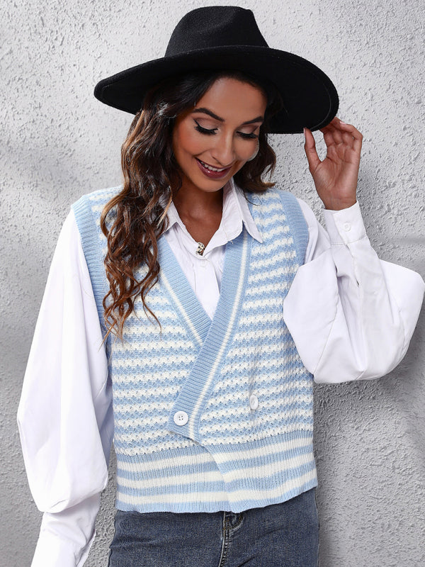 Women's stripe knitted Cardigan Sweater Vest