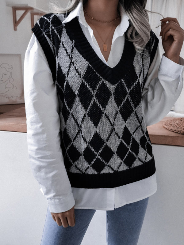 Women's diamond V-neck casual loose knit vest sweater