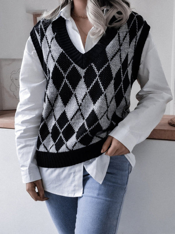 Women's diamond V-neck casual loose knit vest sweater