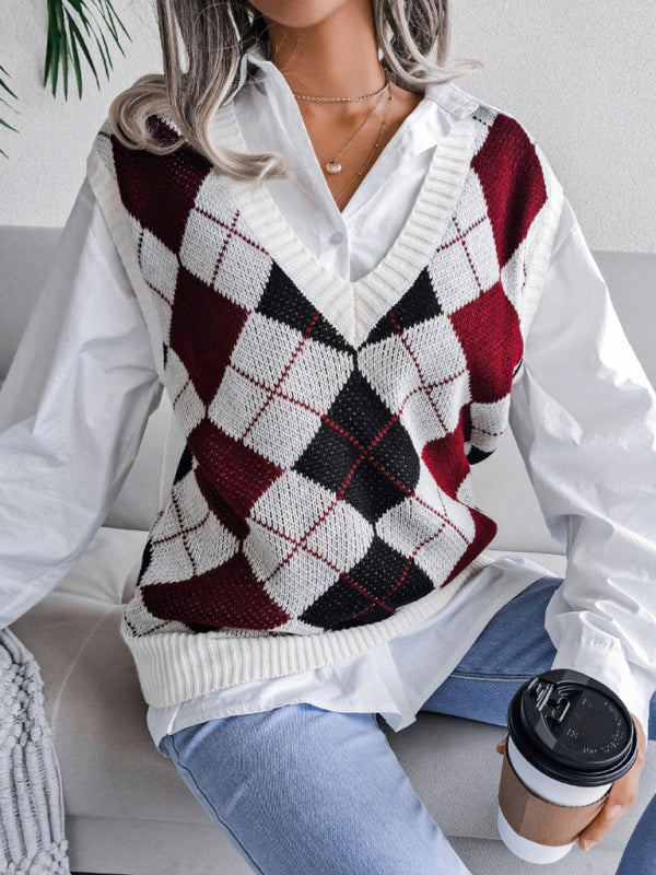 Women's diamond V-neck casual loose knit vest sweater (11472313221388)