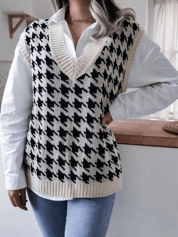 Women's V-neck thousand bird lattice casual loose knit vest sweater