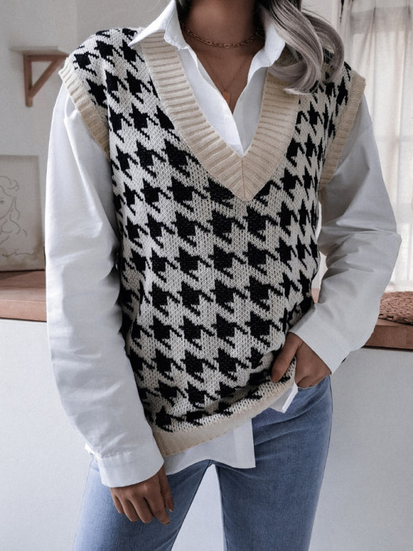 Women's V-neck thousand bird lattice casual loose knit vest sweater