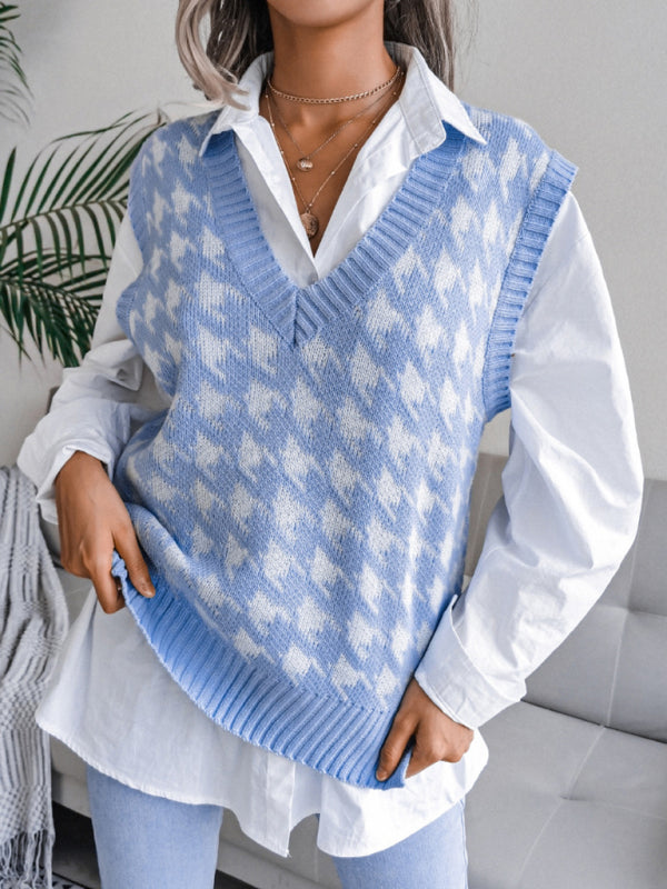 Women's V-neck thousand bird lattice casual loose knit vest sweater