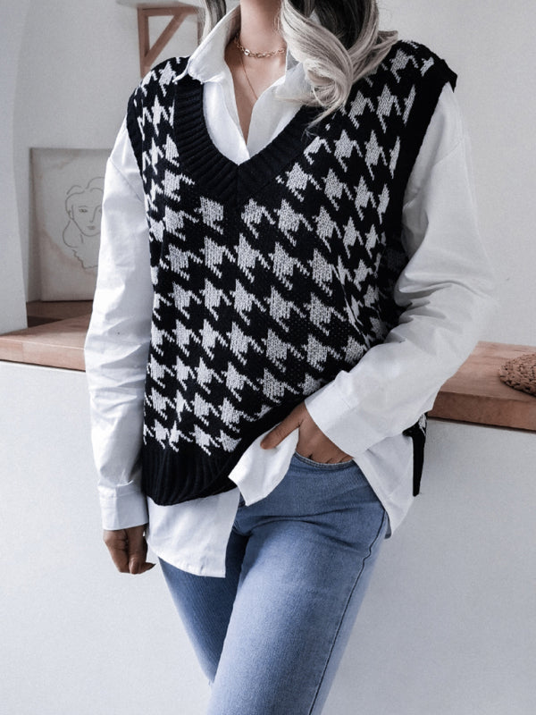 Women's V-neck thousand bird lattice casual loose knit vest sweater