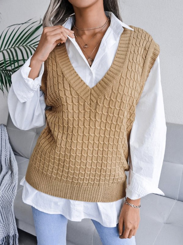 Women's V-neck fried dough twist casual loose knit sweater vest