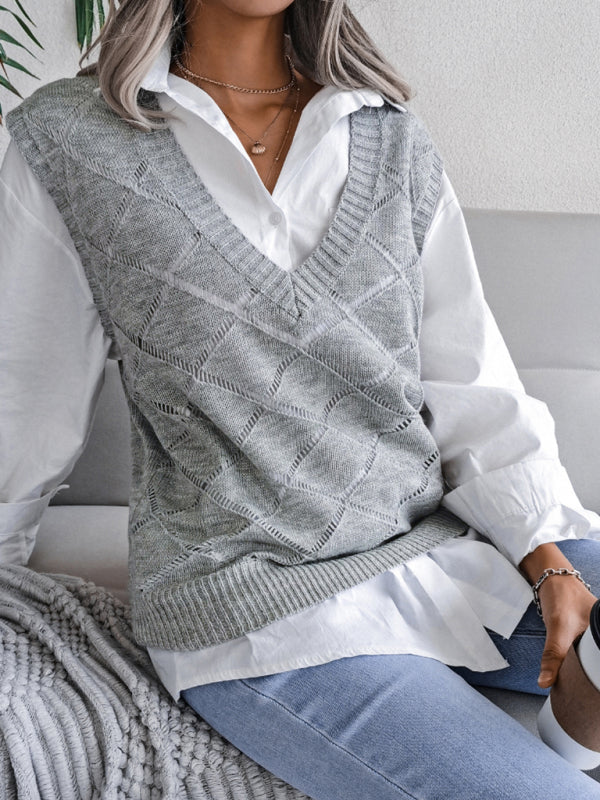 Women's V-neck hollow diamond casual knitting vest sweater