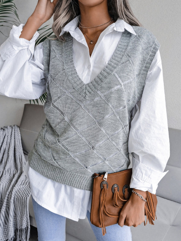 Women's V-neck hollow diamond casual knitting vest sweater