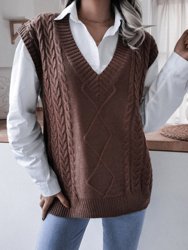 Women's V-neck fried dough twist casual loose knit vest sweater