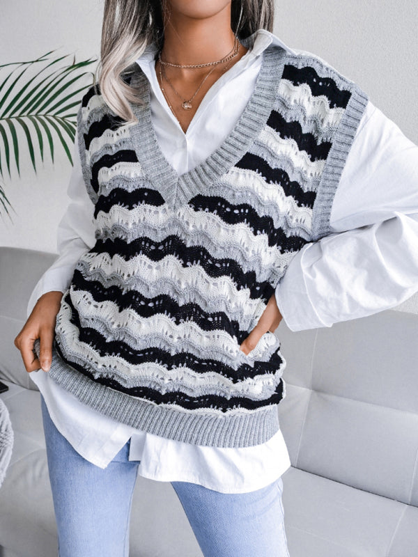 Women's V-neck hollow stripe vest sweater