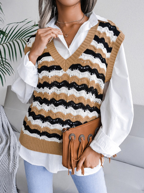 Women's V-neck hollow stripe vest sweater