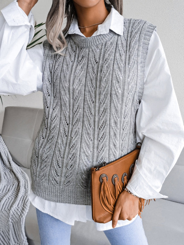 Women's round neck hollow leaf casual knitted vest sweater