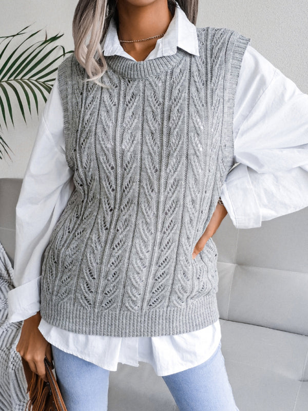 Women's round neck hollow leaf casual knitted vest sweater