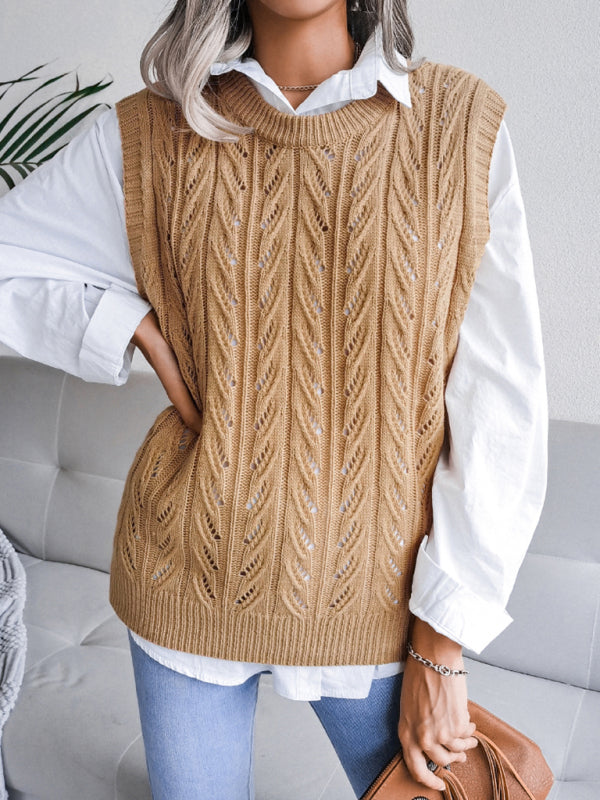 Women's round neck hollow leaf casual knitted vest sweater