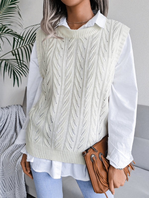 Women's round neck hollow leaf casual knitted vest sweater