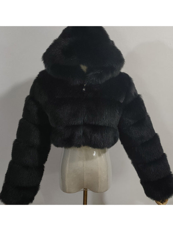 Women's short faux fur coat with hood and long sleeve patchwork (11477212332300)