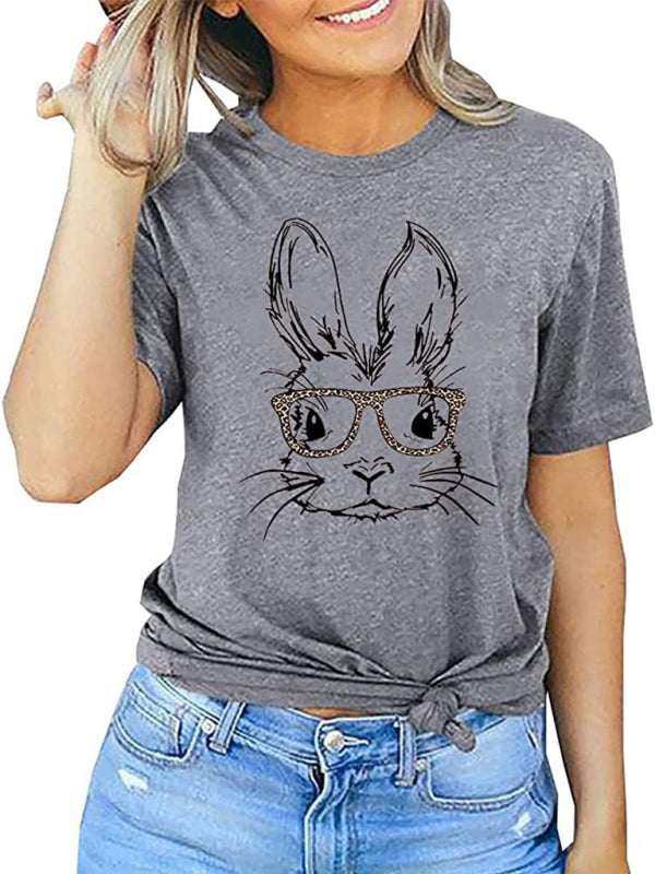 New Ladies Leopard Bunny Easter Explosion Style Urban Casual Short-sleeved T-Shirt Top (11472249553164)