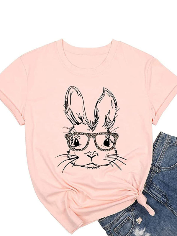 New Ladies Leopard Bunny Easter Explosion Style Urban Casual Short-sleeved T-Shirt Top (11472249553164)