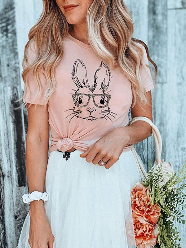 New Ladies Leopard Bunny Easter Explosion Style Urban Casual Short-sleeved T-Shirt Top (11472249553164)