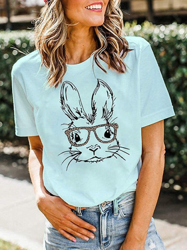 New Ladies Leopard Bunny Easter Explosion Style Urban Casual Short-sleeved T-Shirt Top (11472249553164)