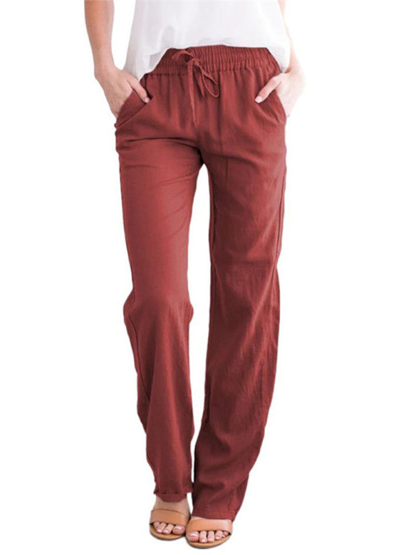 Women's Solid Color Cotton Linen Drawstring Loose Casual Wide Leg Trousers