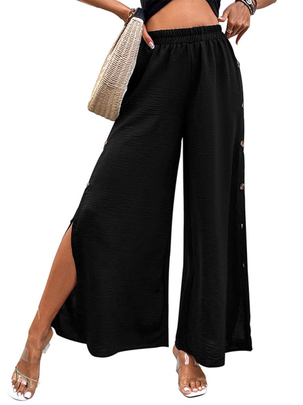 Women's Commuter Style Slit Button High Waist Wide Leg Pants