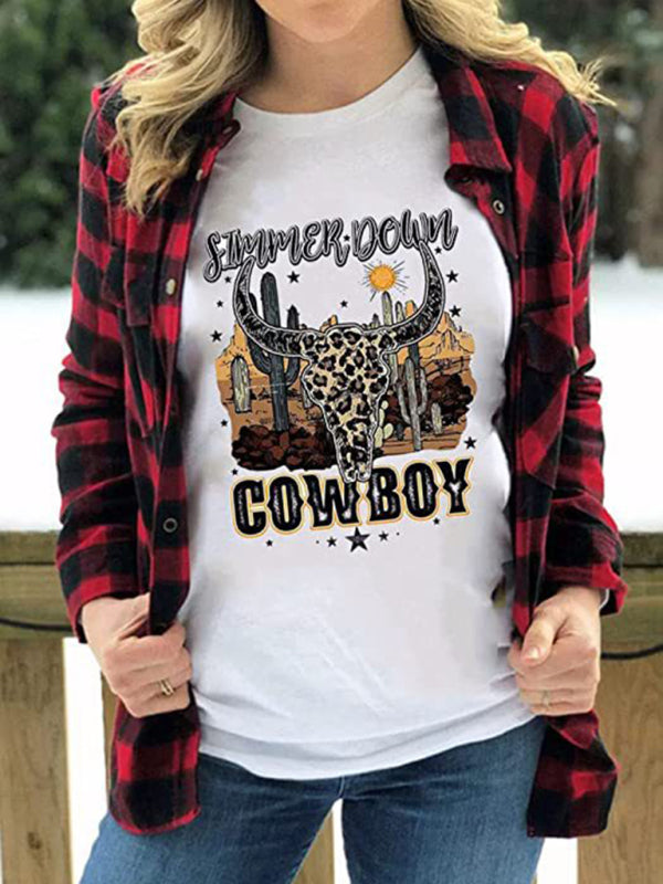 Women's Casual Short Sleeve Tops Highland Cow Western Cowboy Vintage Athletic T-Shirt (11472249356556)