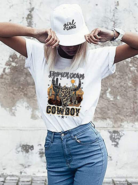 Women's Casual Short Sleeve Tops Highland Cow Western Cowboy Vintage Athletic T-Shirt (11472249356556)