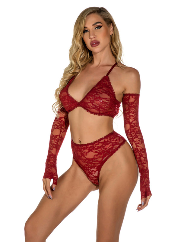 Sexy lingerie, lace transparent pajamas set with gloves, one-piece home wear (11472638837004)