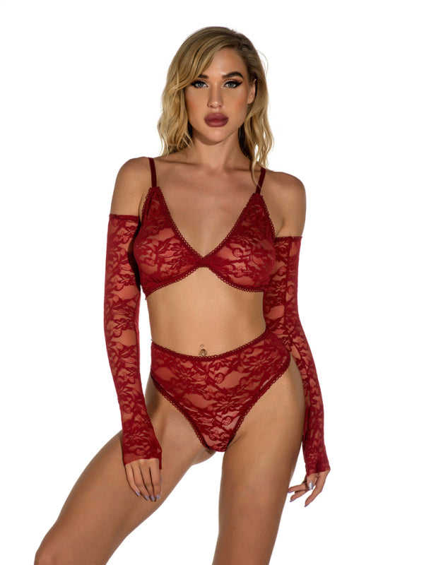 Sexy lingerie, lace transparent pajamas set with gloves, one-piece home wear (11472638837004)