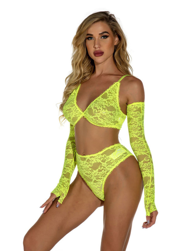 Sexy lingerie, lace transparent pajamas set with gloves, one-piece home wear (11472638837004)