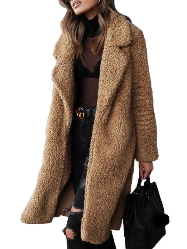 Women's loose long sleeve lapel plush jacket (11477212463372)