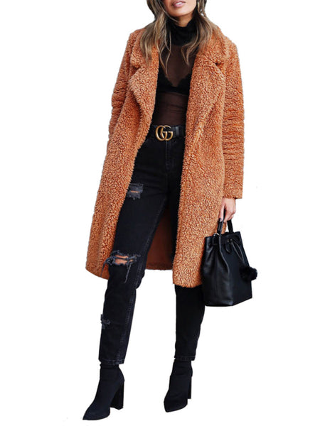 Women's loose long sleeve lapel plush jacket (11477212463372)