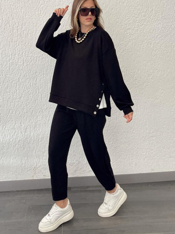 Women's casual round neck pullover sweatshirt and trousers two-piece set