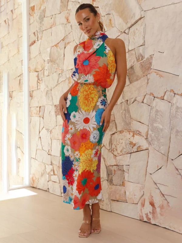 New holiday style fashion printed halter neck sleeveless waist dress