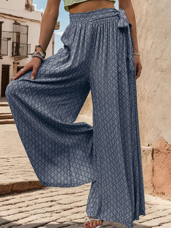 New women's lace-up high-waisted casual printed wide-leg trousers