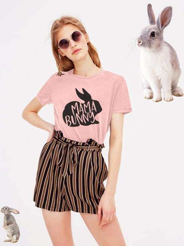 Women's Easter T-Shirt Funny MAMA Bunny Print Graphic T-Shirt (11472249520396)