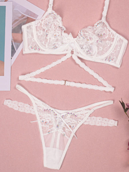 New sexy flower embroidered sexy lingerie set lace thong bra three-piece set with underwire (11475869335820)