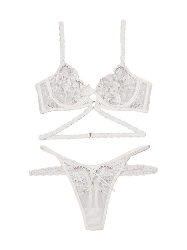 New sexy flower embroidered sexy lingerie set lace thong bra three-piece set with underwire (11475869335820)